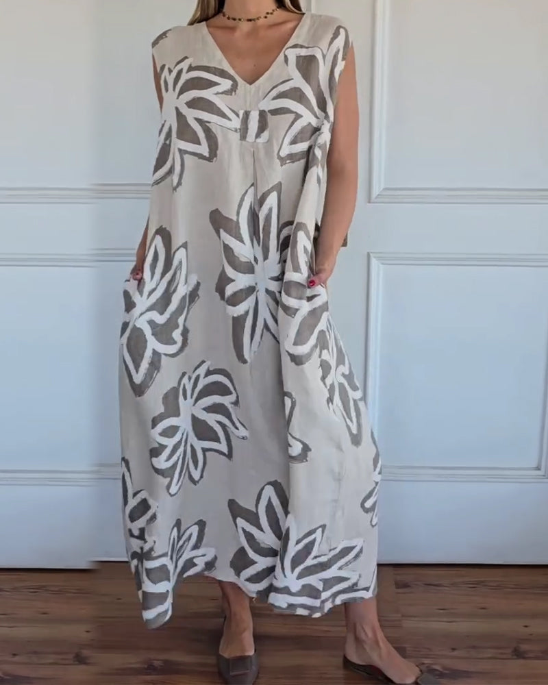 V-neck Abstract Floral Sleeveless Dress
