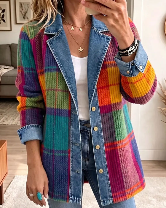 Lapel Collar Button Ribbed Color-Block Denim Patchwork Coat