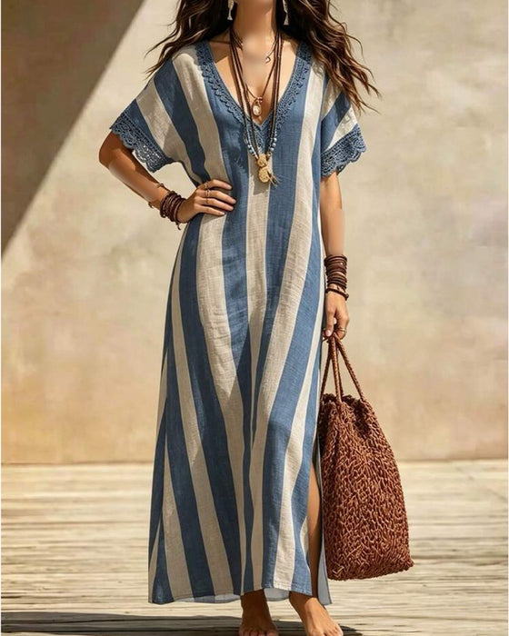 V-Neck Striped Casual Dress