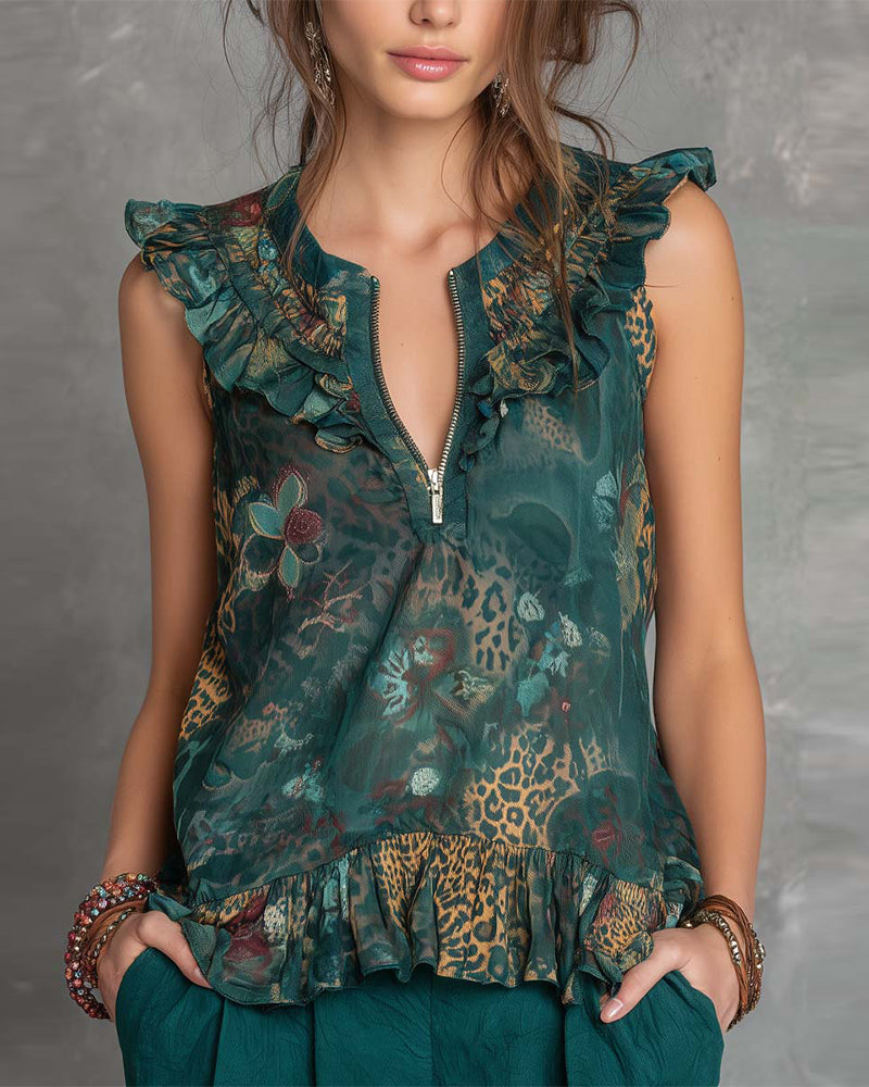 Ruffled Sleeveless Half-Zip Blouse