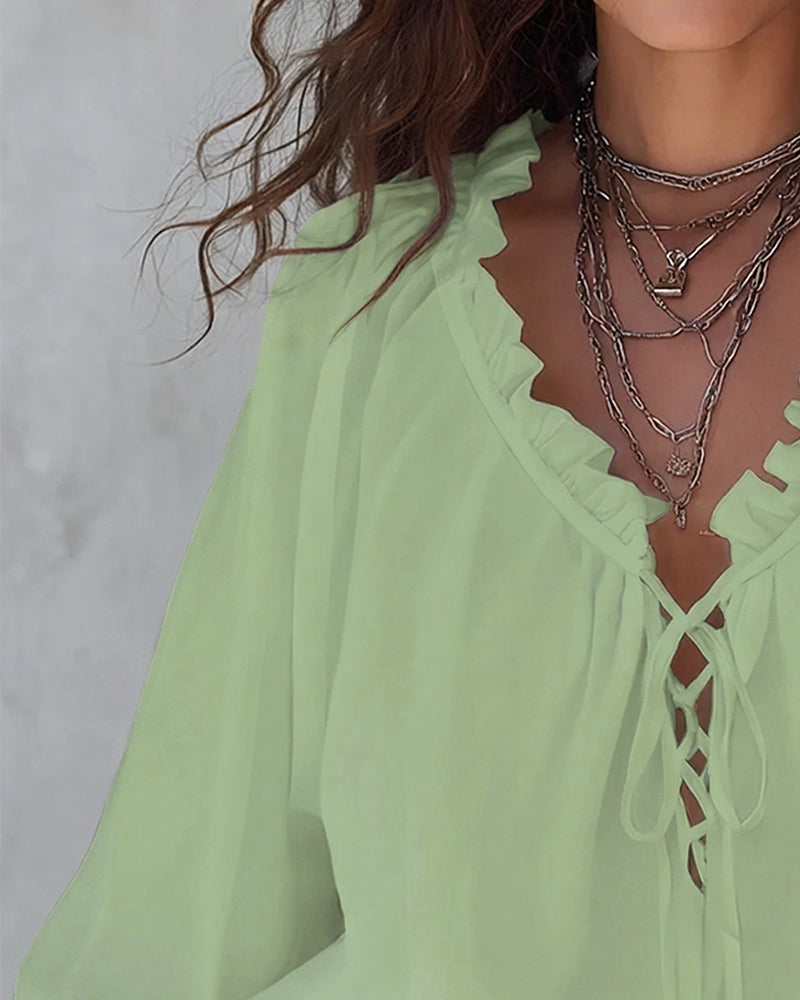 V-neck Lace Up Blouse