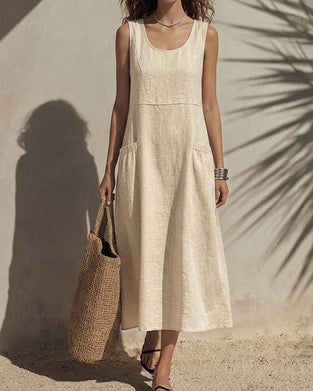 U-Neck Pocket Sleeveless Solid Dress