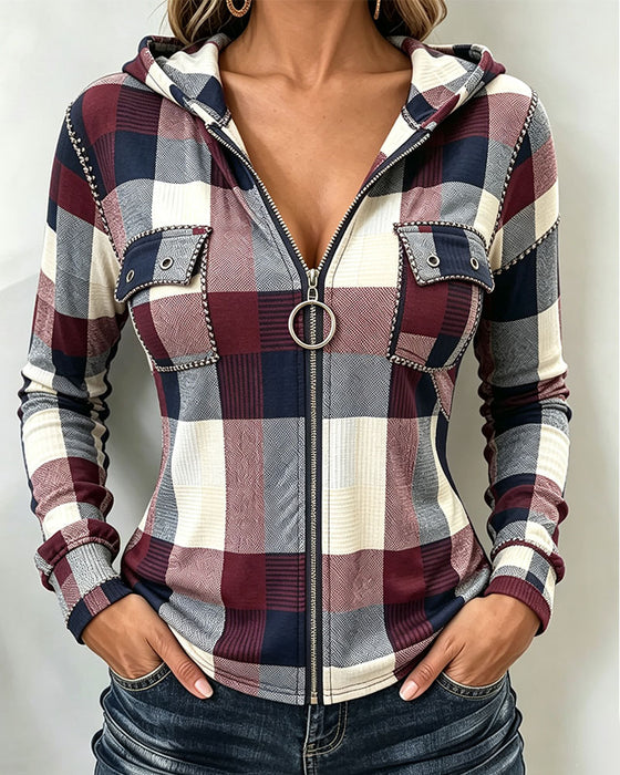 Hooded Zip Plaid Coat