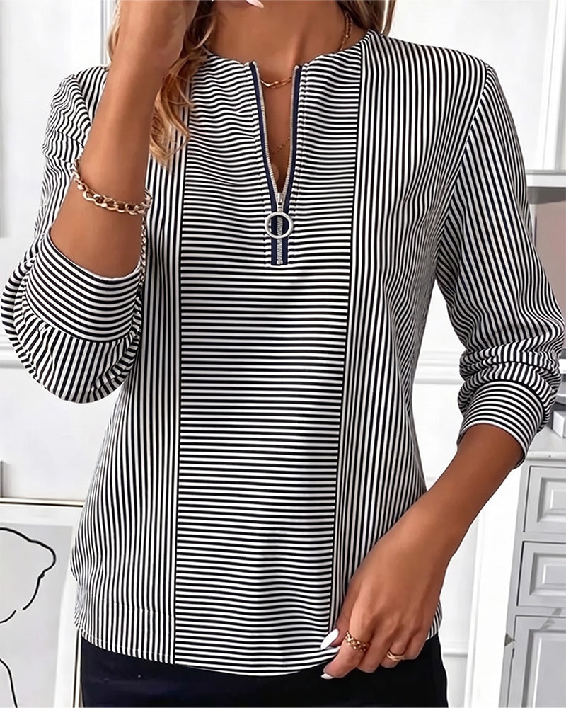 Striped Patchwork Zip Up Blouse