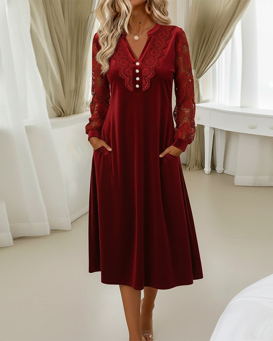 Lace Long-Sleeved V-Neck Velvet Dress