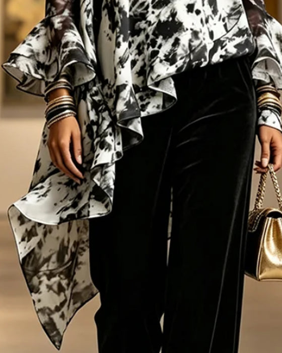 Ink Tie-Dye Ruffle Blouse