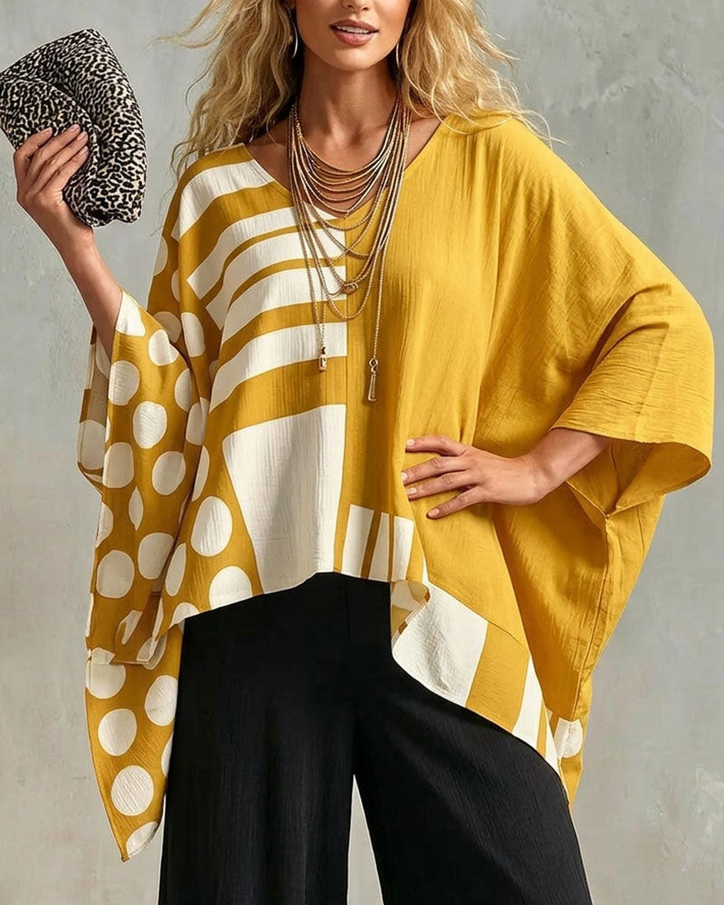 Polka Dot Stripe Patchwork V Neck Blouse