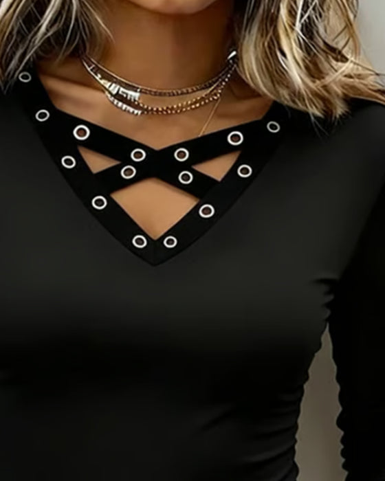 Cross V-Neck Long-Sleeved Top