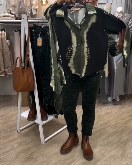 Lapel Retro Color Block Long Sleeve Shirt