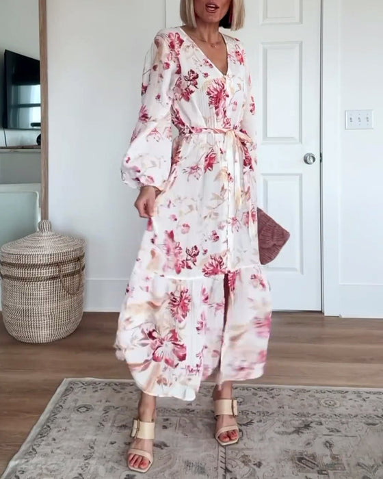 Elegant floral print bell sleeve lace-up dress