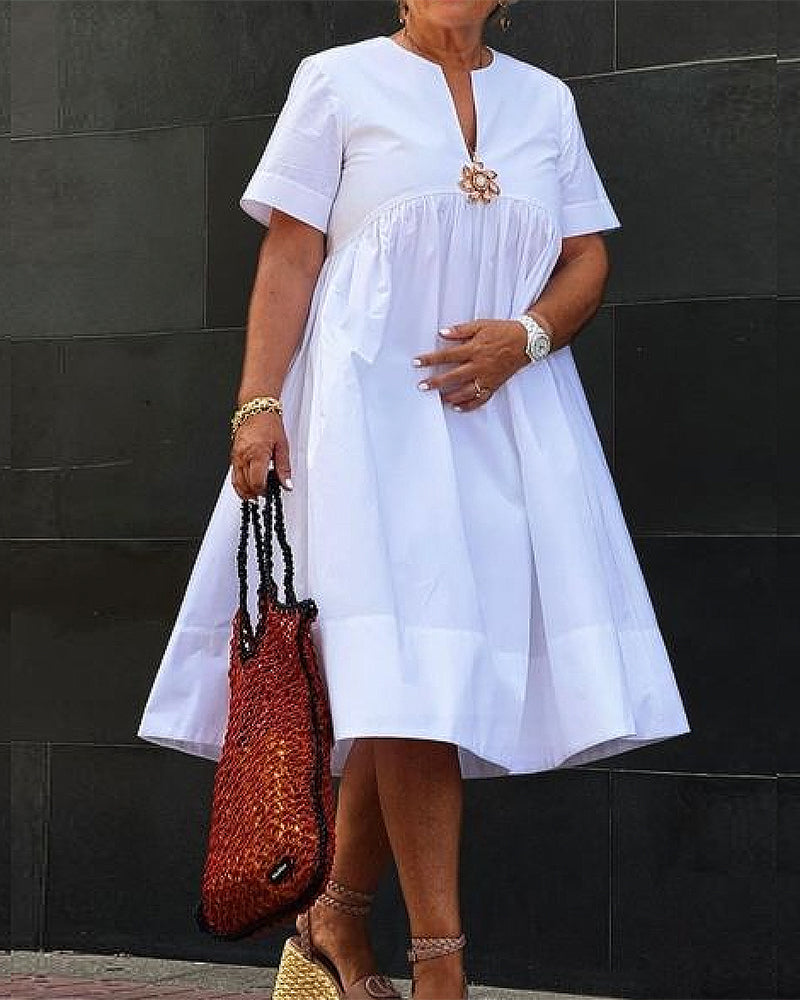 Patchwork short-sleeved solid color pleated dress