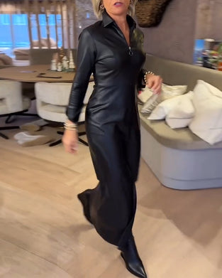 Lapel Zipper Pu Fashion Dress