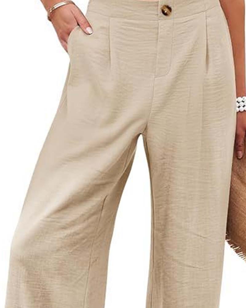 Button Elastic Waist Wide-Leg Pants