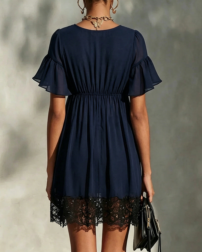 Ruffle Flare Sleeve Zipper Lace Dress