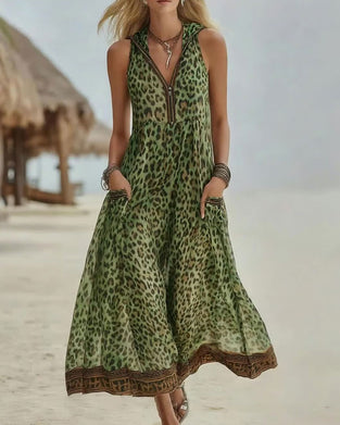 Leopard Print Half Zip Sleeveless Long Dress