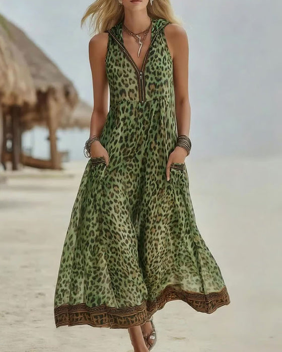 Leopard Print Half Zip Sleeveless Long Dress