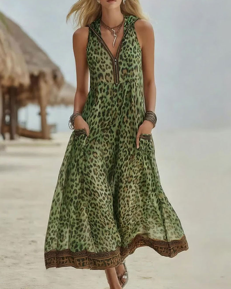 Leopard Print Half Zip Sleeveless Long Dress