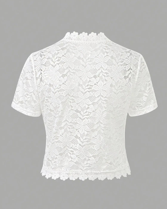 Solid Color Floral Lace Short Sleeve Coat