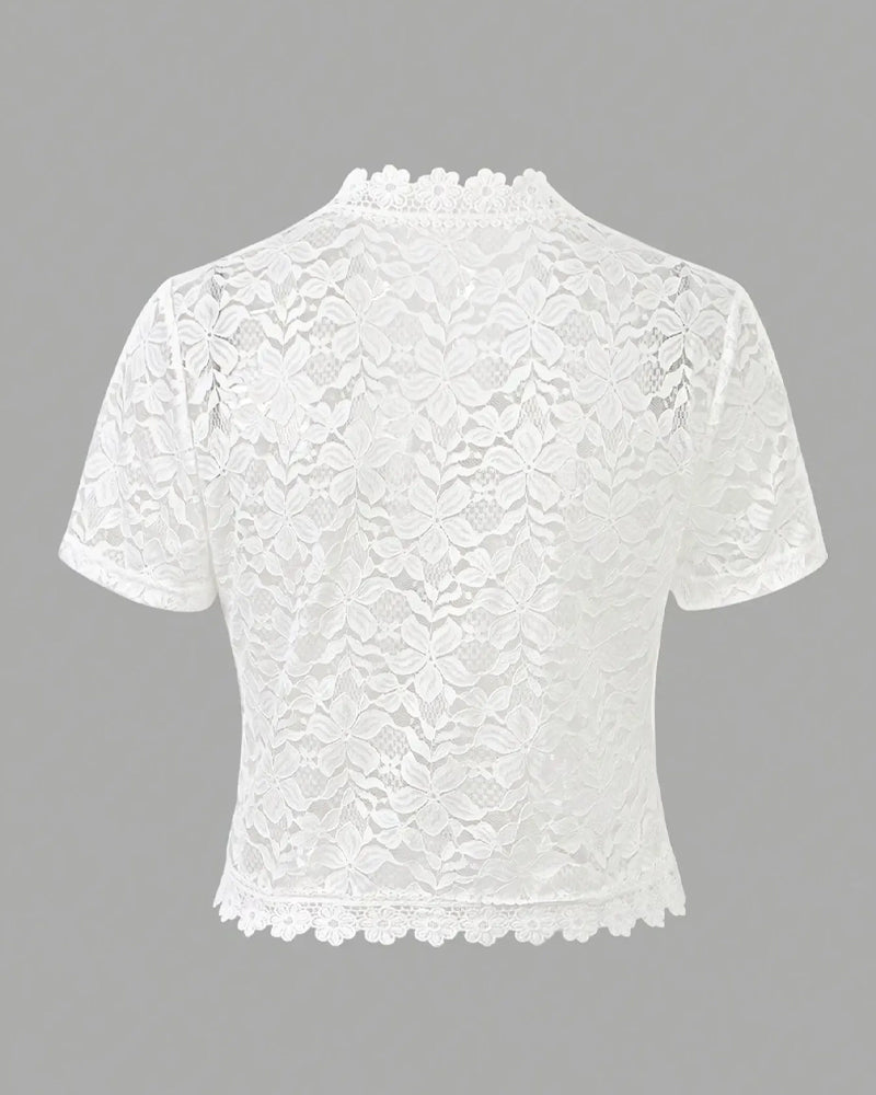 Solid Color Floral Lace Short Sleeve Coat