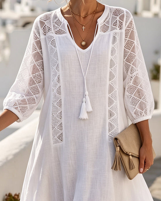 Lantern Sleeve Hollow Out Tie Resort Dress
