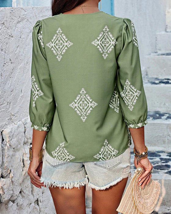 V-Neck Diamond Print Three-Quarter Sleeve Blouse
