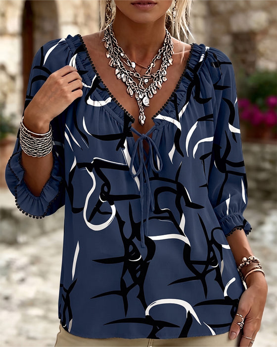 Abstract Print V-Neck Lace-Up Blouse