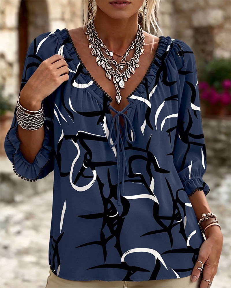 Abstract Print V-Neck Lace-Up Blouse