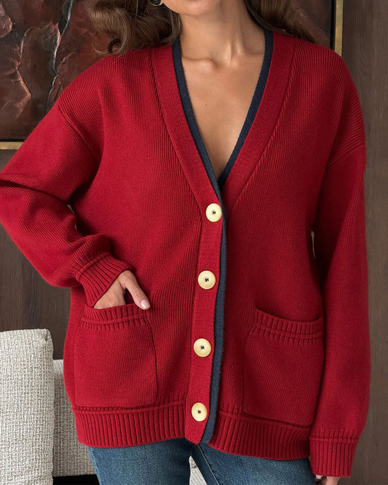 V-Neck Button Color Block Pocket Cardigan