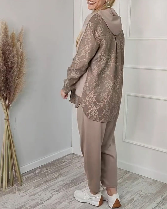 Fashionable Long-Sleeved Patchwork Jacquard Two-Piece Set