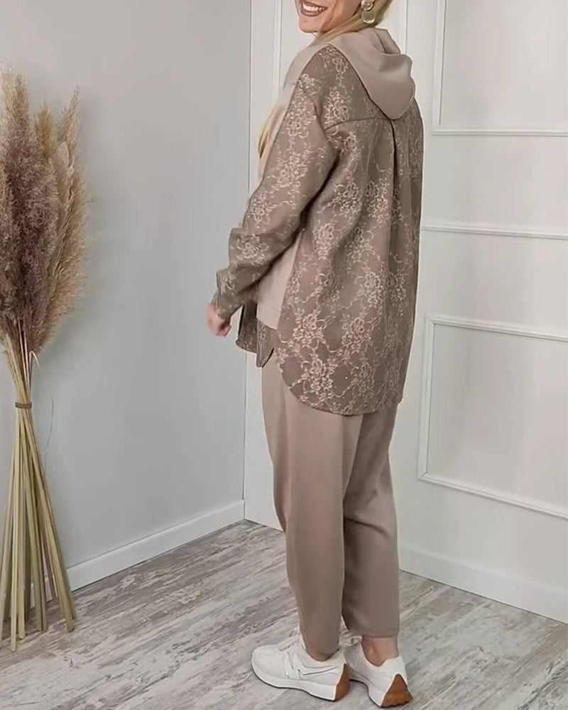 Fashionable Long-Sleeved Patchwork Jacquard Two-Piece Set