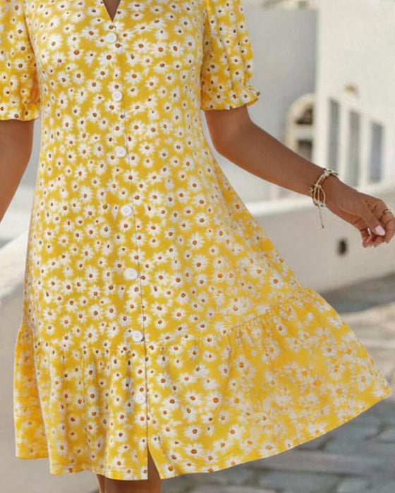 Daisy Print V-Neck Dresses