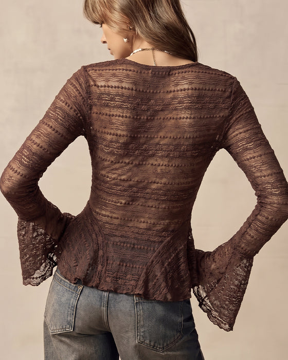 V-Neck Lace Paneled Trumpet Sleeve Blouse