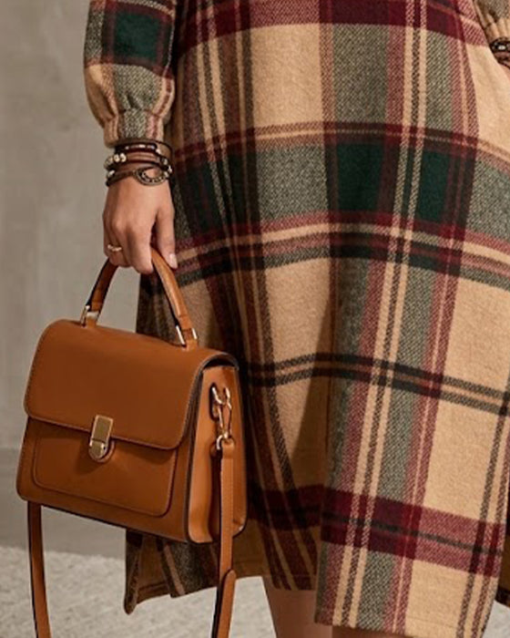 V-Neck Buttoned Plaid Slit Dress