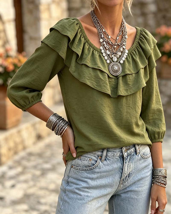 Double Layer Ruffle Three-Quarter Sleeve Blouse