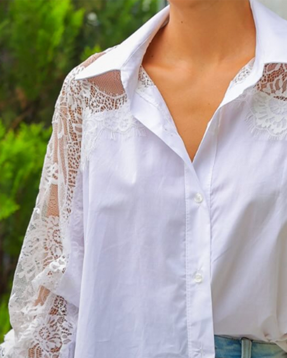 Lace Patchwork Lapel Long Sleeve Blouse