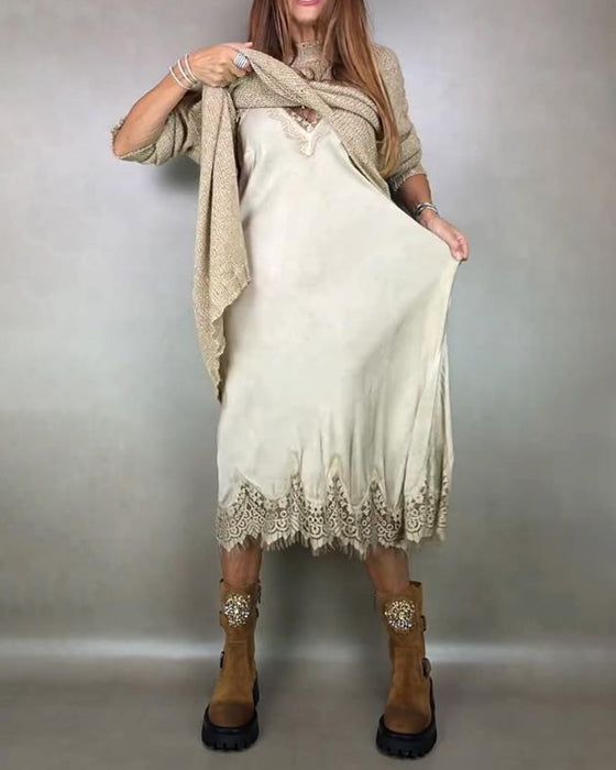 Knitted Dress and Lace Cami Dress Two - piece Set