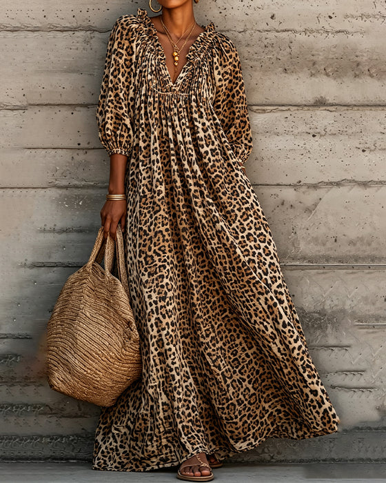 Leopard Print V-Neck Puff Sleeve Dress