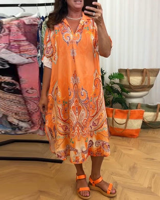 Retro Lapel Print Dress