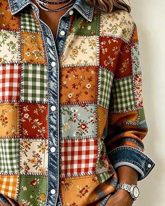 Lapel Plaid Denim Patchwork Top