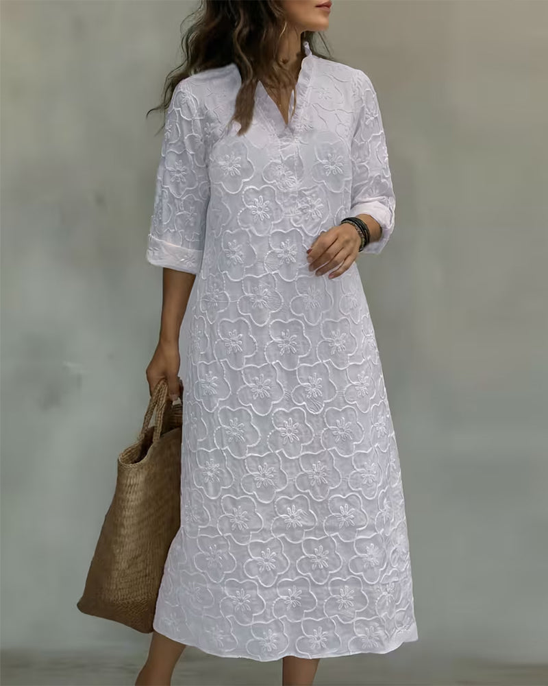 V-Neck Lace Trim Solid Dress