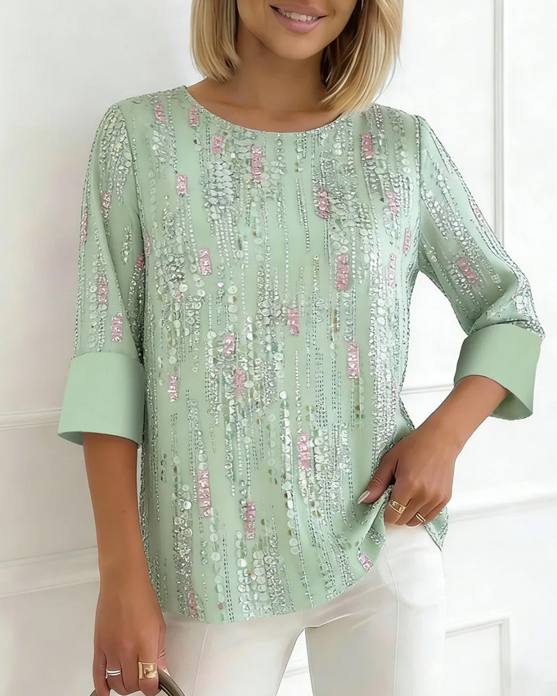 Casual Crewneck Print Half Sleeve Blouse
