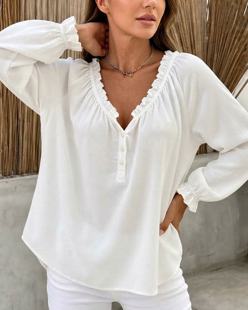 Ruffle Edge Long Sleeve V-Neck Blouse