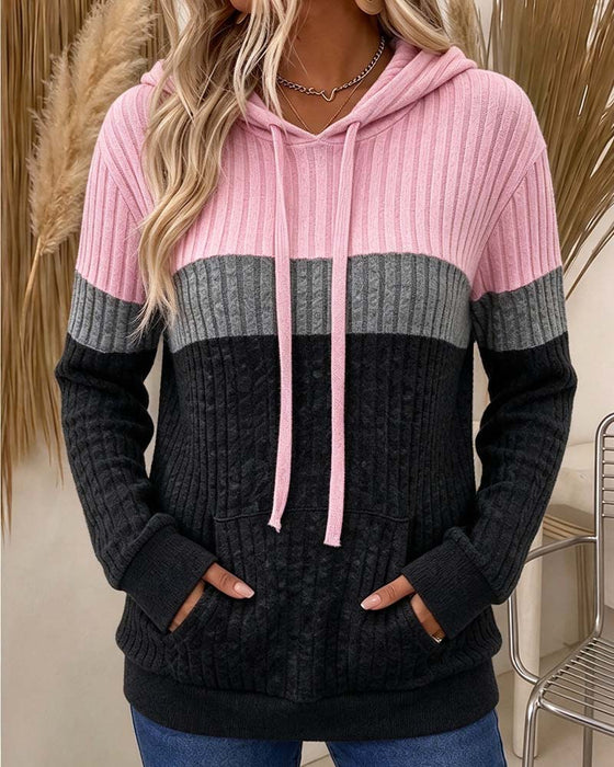 Hooded Ribbed Contrast Pocket Hoodie