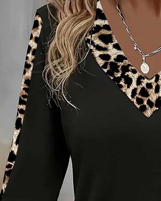 Long Sleeve V-Neck Leopard Patchwork T-Shirt