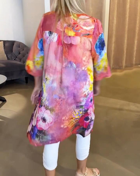 Stylish Stand-Collar Floral Print Dress