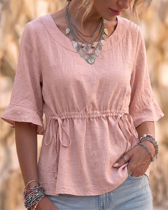 Round Neck Ruffle Drawstring Solid Blouse