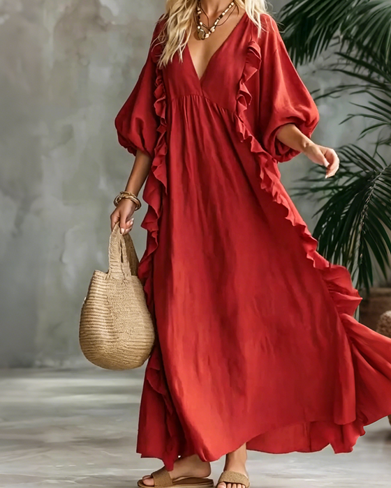 V-Neck Lantern Sleeve Loose Dress