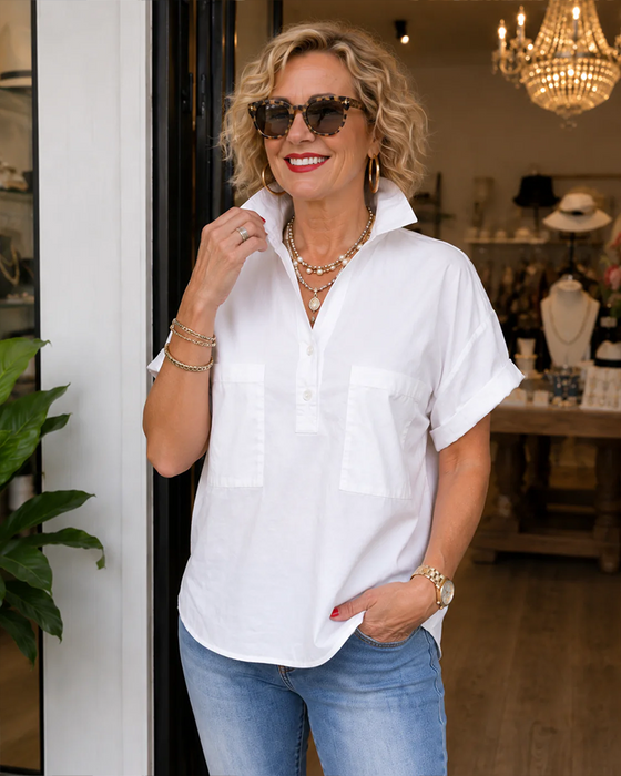 Pocket Button V-Neck Casual Blouse