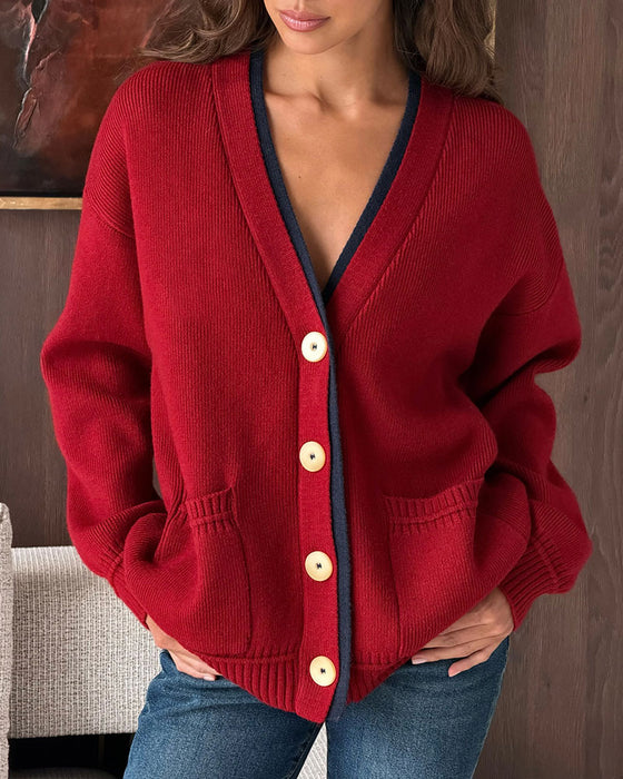 V-Neck Button Color Block Pocket Cardigan