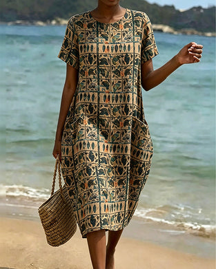 Vintage Crew Neck Pocket Dress